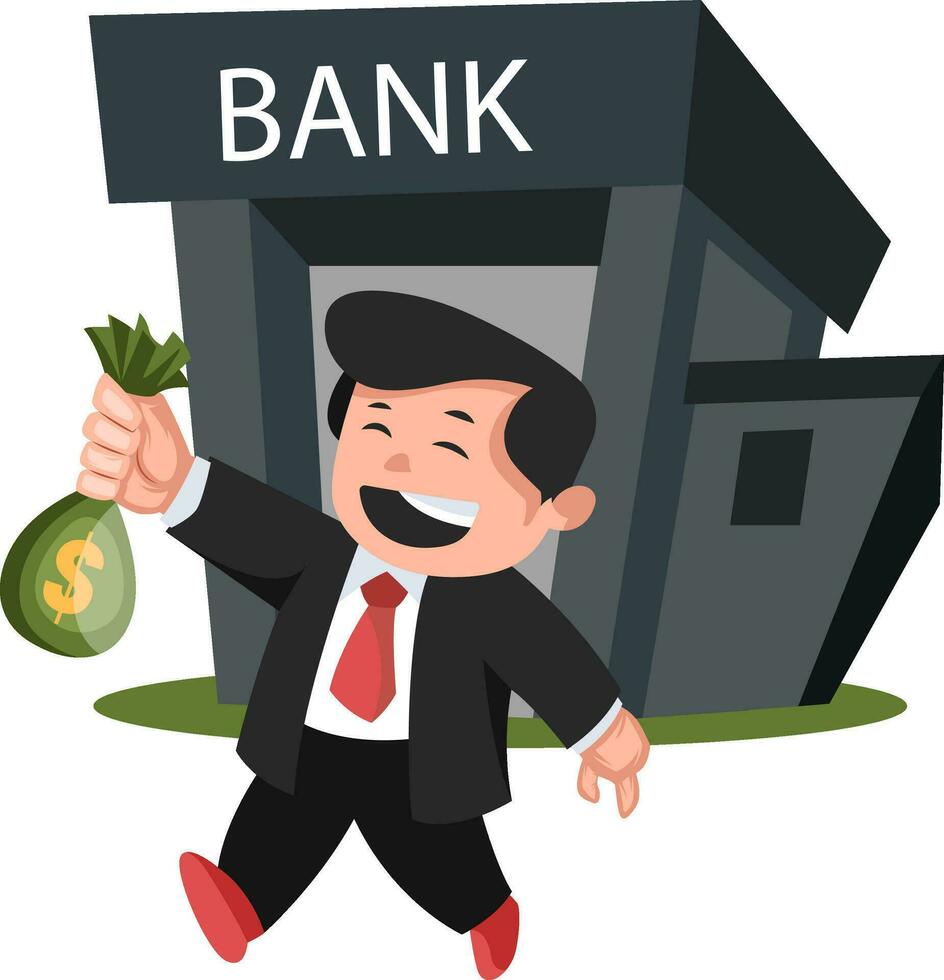 impressão homem chegando Fora do uma banco com uma dólar saco dentro dele mão em branco fundo vetor ilustração