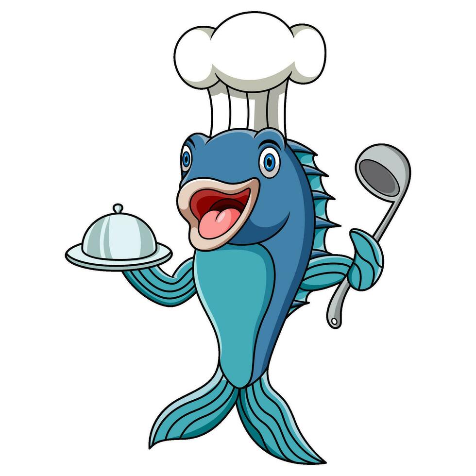 desenho animado chefe de cozinha peixe segurando uma sopa concha com uma bandeja vetor
