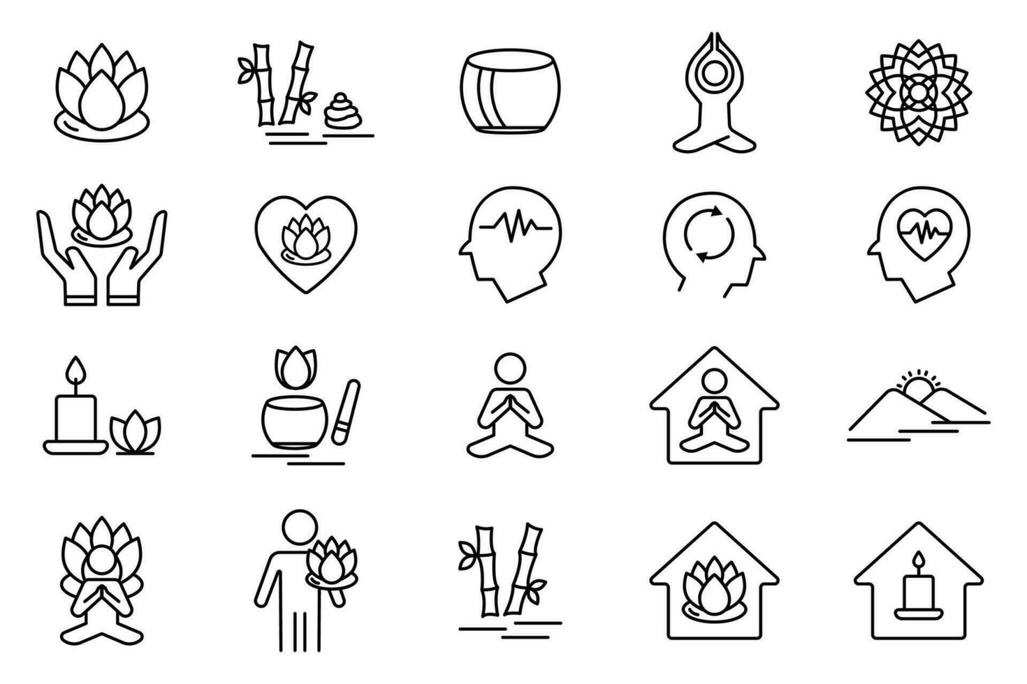 meditação ícone definir. lótus flor, ioga, meditação, mandala, zen jardim, mental, etc. linha ícone estilo Projeto. simples vetor Projeto editável