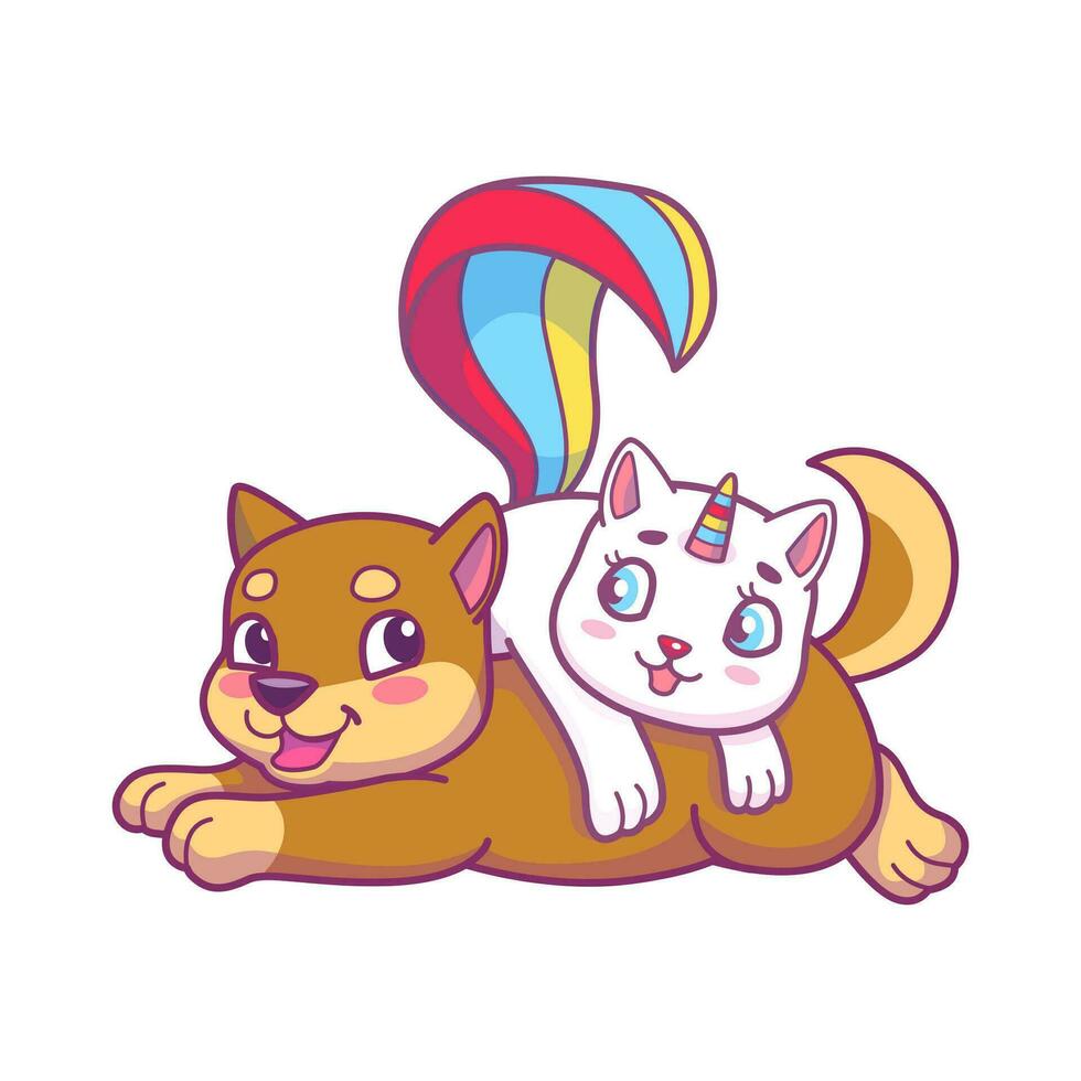 desenho animado fofa caticorn jogar com cachorro, engraçado animais vetor