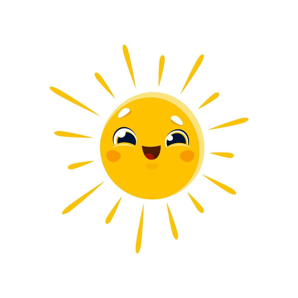 desenho animado sorridente Sol personagem, emoji face brilho do sol vetor