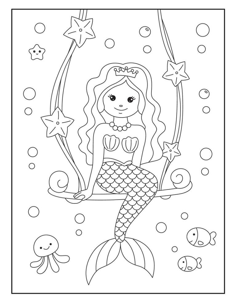 página para colorir de sereia para crianças vetor