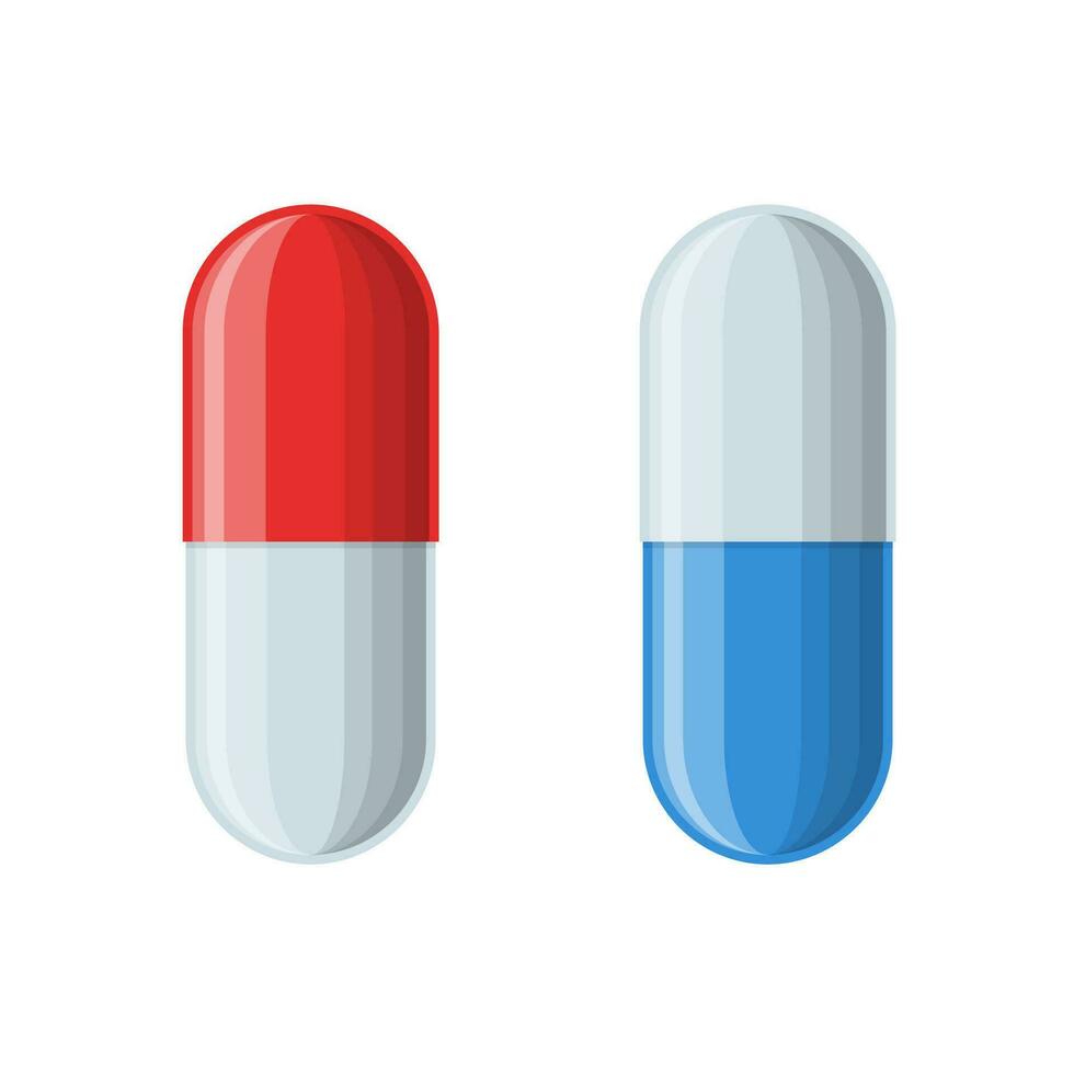 médico vermelho e azul cápsulas isolado em branco fundo. farmacia e drogas símbolos. ícones do comprimido. médico vetor ilustração.