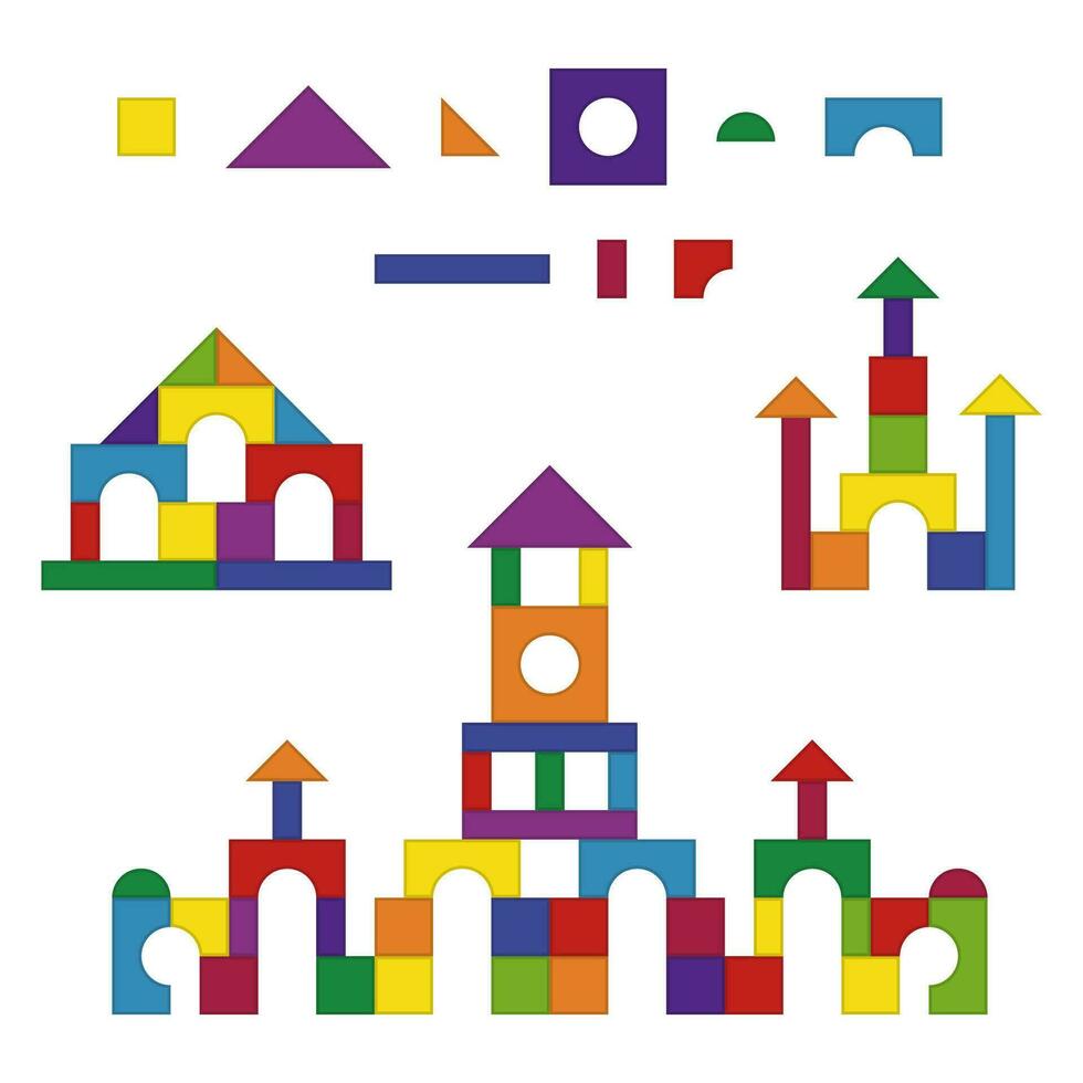 multicolorido de madeira crianças blocos brinquedo detalhes construção kit definir. tijolo partes para a construção do uma crianças torre, castelo, casa. Educação brinquedos para construção e jogando. vetor ilustração.