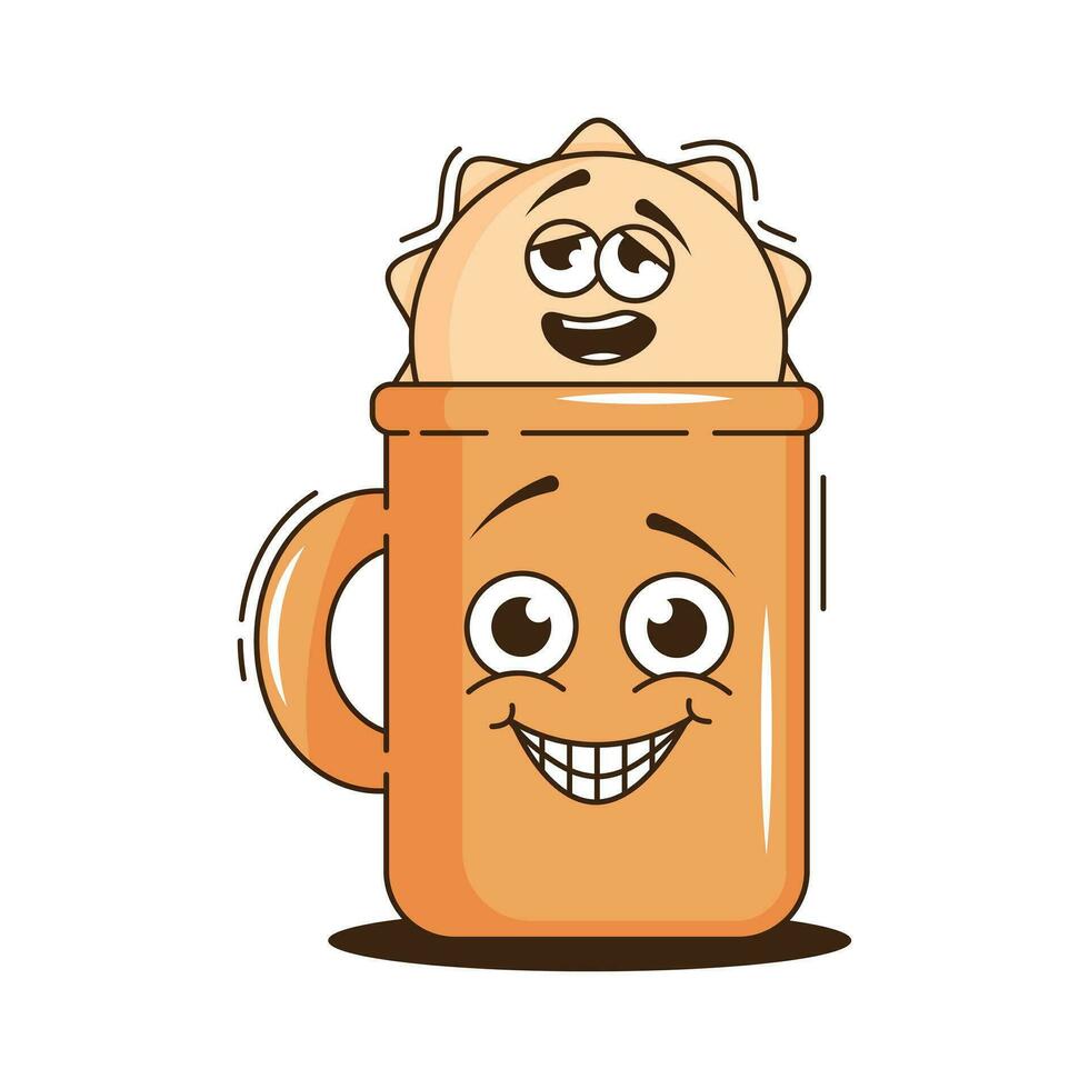 funky groovy desenho animado personagem café adesivo. vintage engraçado mascote fragmento velozes psicodélico sorrir e emoção. Projeto arte para cafeteria, bar, restaurante. quadrinho na moda vetor ilustração anos 90 estilo