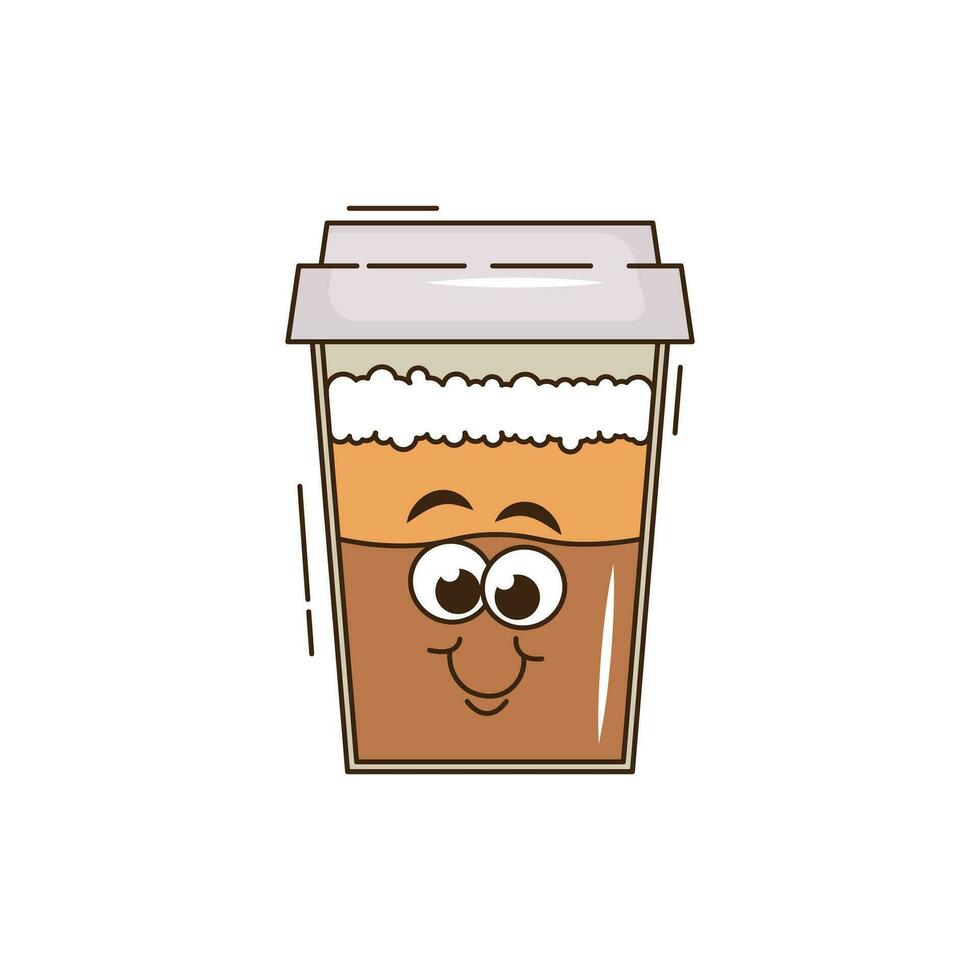funky groovy desenho animado personagem café adesivo. vintage engraçado mascote fragmento velozes psicodélico sorrir e emoção. Projeto arte para cafeteria, bar, restaurante. quadrinho na moda vetor ilustração anos 90 estilo