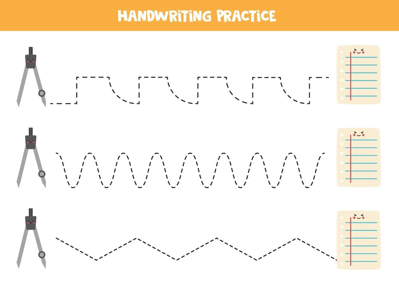 traçando linhas com papel e bússola kawaii fofa. prática da escrita. vetor