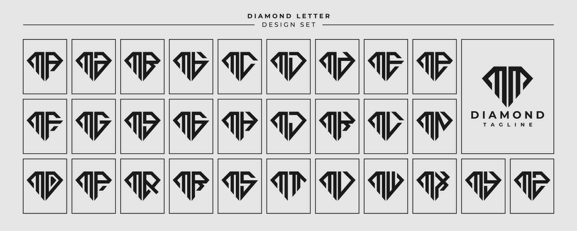 linha joalheria diamante carta m milímetros logotipo Projeto conjunto vetor