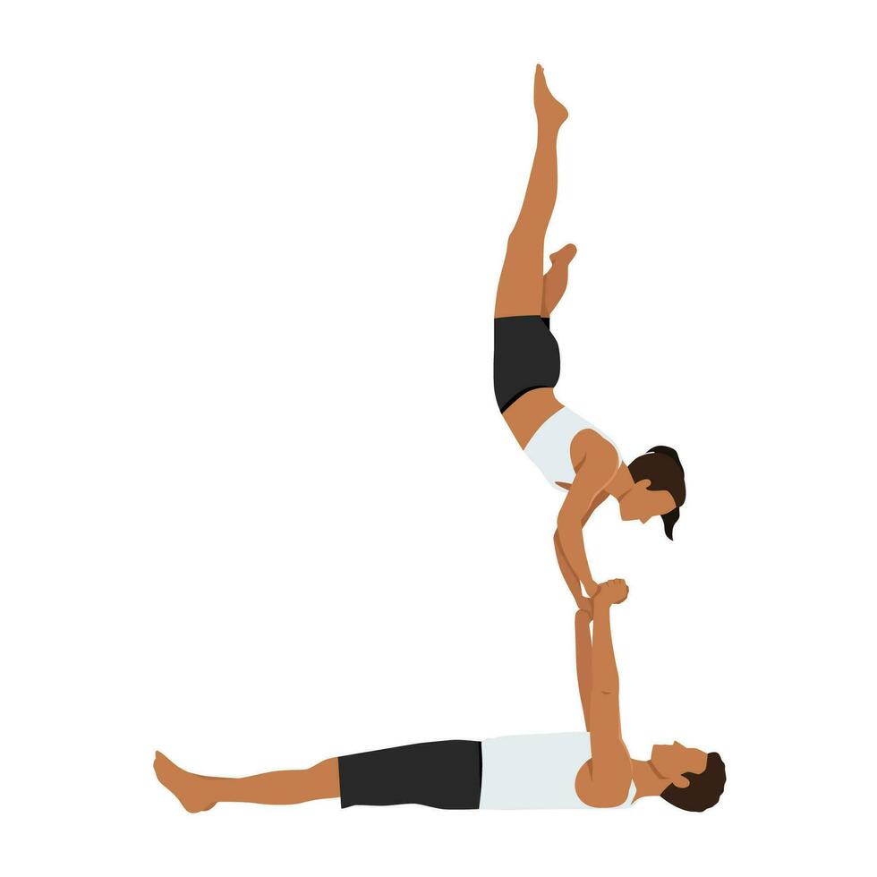jovem casal fazendo acro ioga. acro ioga conceito. par ioga. ioga flexibilidade classe exercite-se vetor