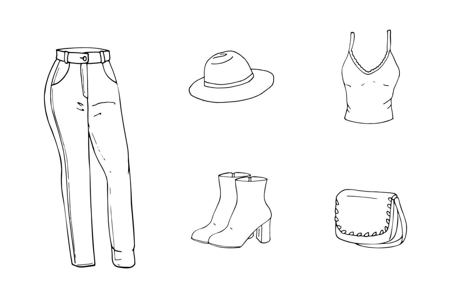 mulher equipamento do a dia. moda desenhado à mão vetor ilustrações, do calça, espaguete alça, botas, chapéu, e bolsa. isolado em branco.