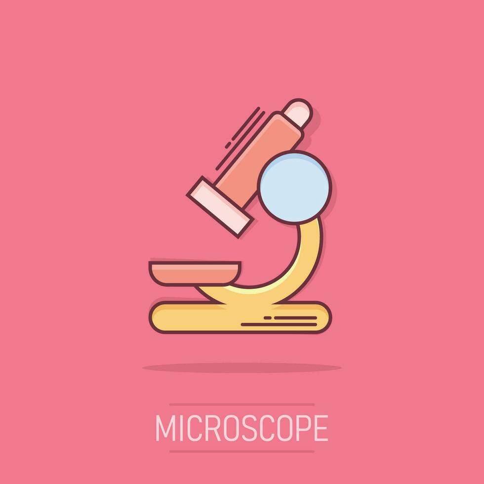 ícone de laboratório de microscópio de desenho vetorial em estilo cômico. pictograma de ilustração de sinal de microscópio. conceito de efeito de respingo de negócios de descoberta de química. vetor