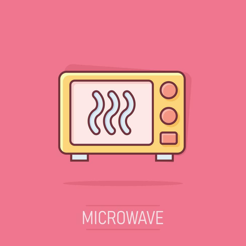 ícone de microondas de desenho vetorial em estilo cômico. pictograma de ilustração de sinal de forno de microondas. conceito de efeito de respingo de negócios de fogão. vetor