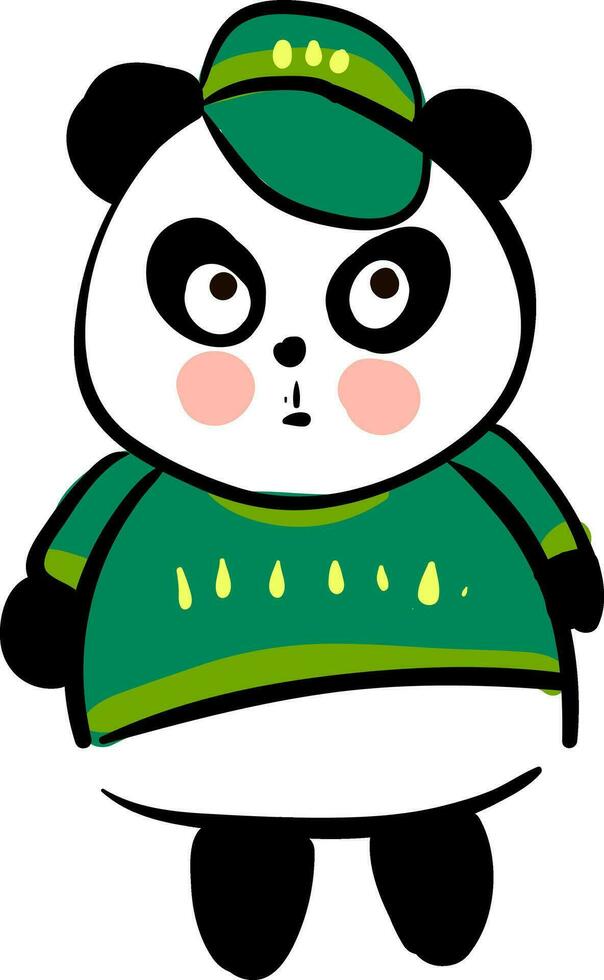 fofa Preto e branco panda vestido dentro verde suéter e verde boné vetor ilustração em branco fundo