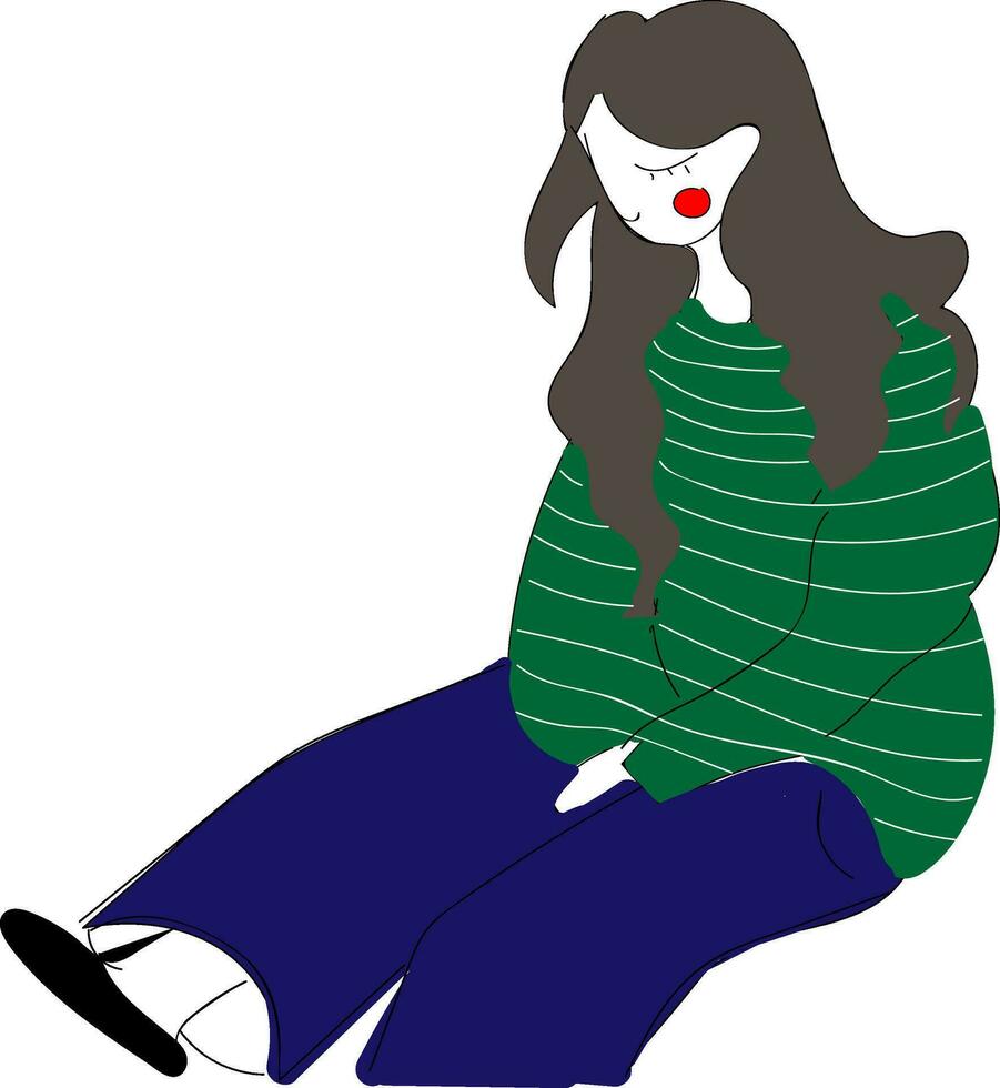 abstrato vetor ilustração em branco fundo do uma cabeludo sentado menina dentro verde listrado camisa e jeans