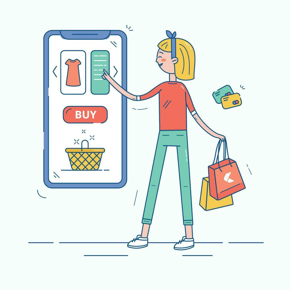 conectados compras conceito definir. comércio eletrônico, cliente em a oferta. aplicativo em Móvel telefone. isolado vetor ilustração dentro plano estilo