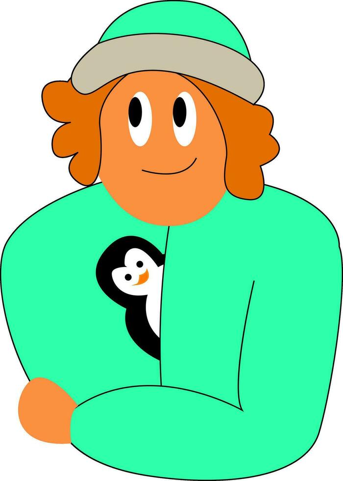 uma menina vestindo uma lindo verde chapéu Jaqueta e uma fofa pinguim espiando Fora do dela camisa vetor cor desenhando ou ilustração