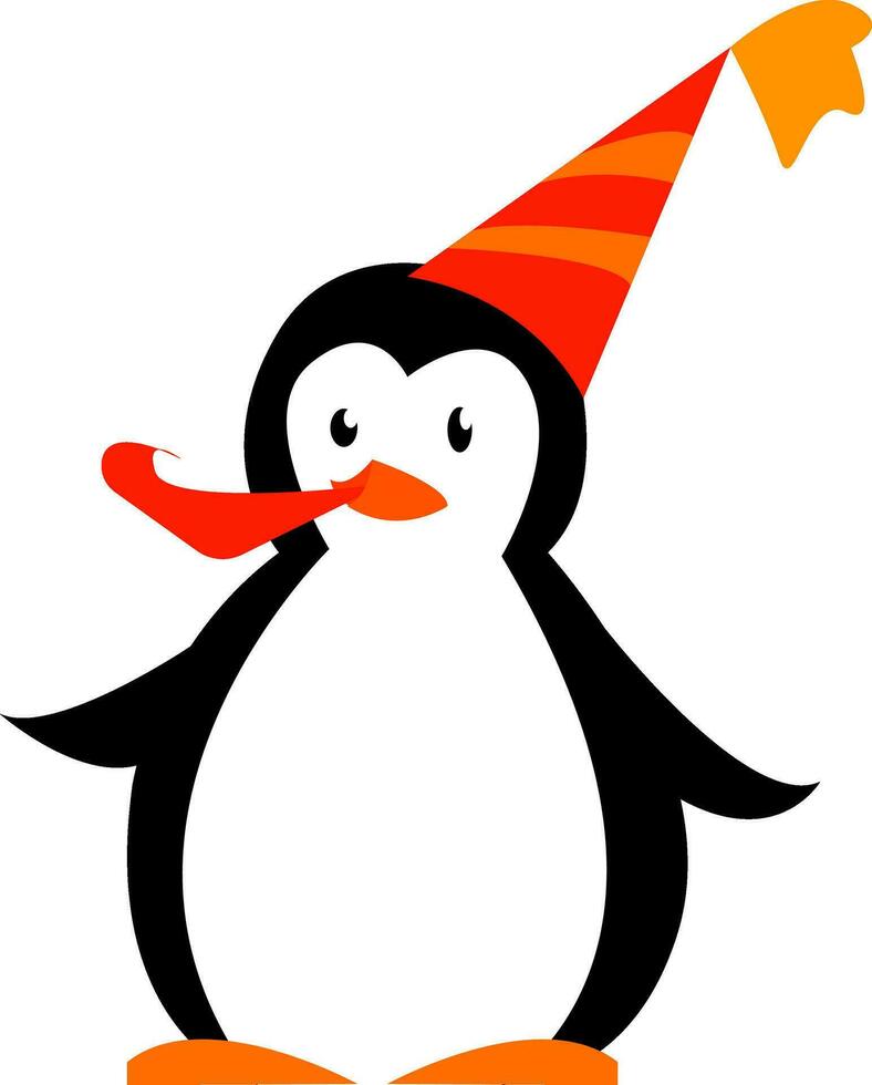 uma pinguim desfrutando uma aniversário festa com Está chapéu e chifre vetor cor desenhando ou ilustração