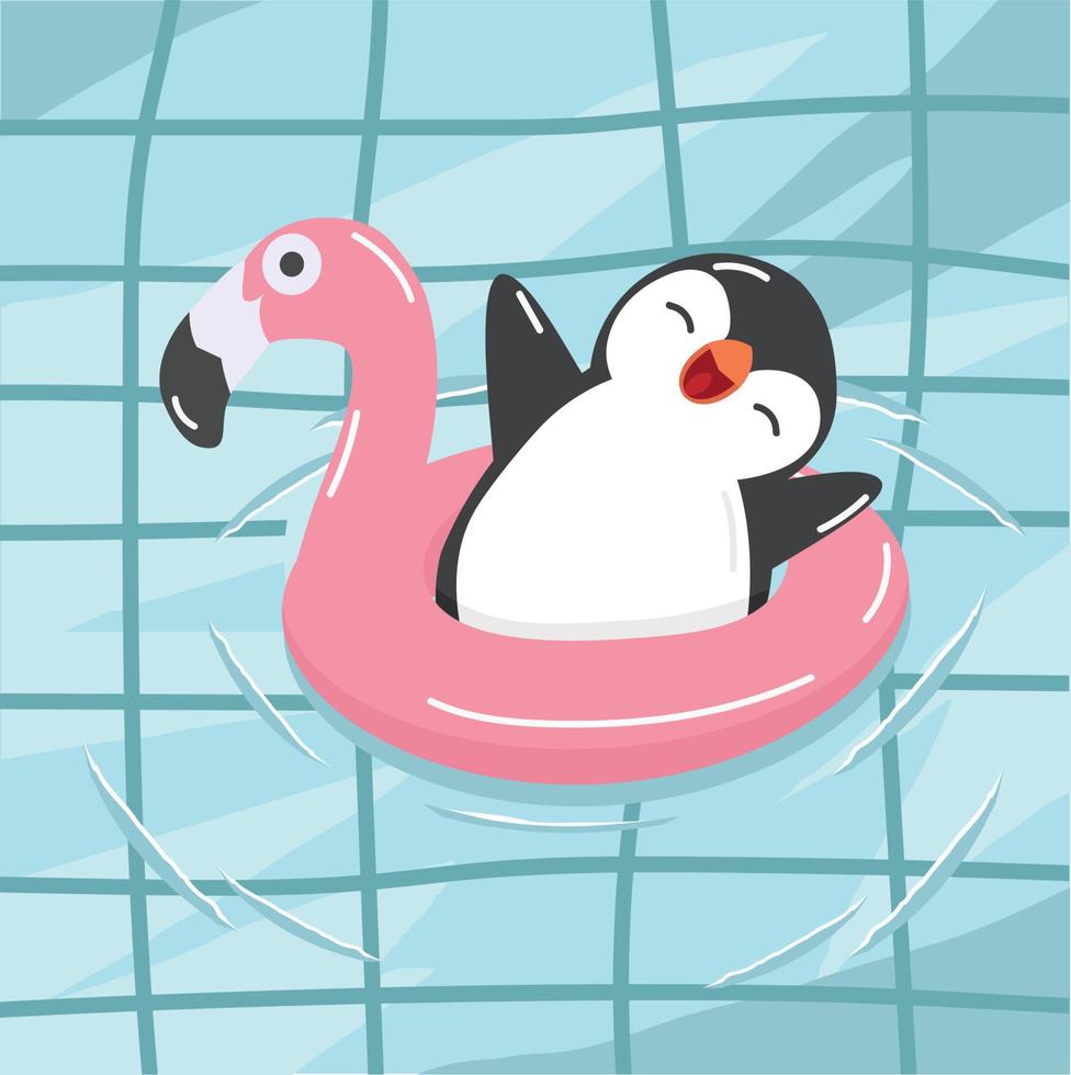 pinguim com flamingos flutuando na piscina vetor