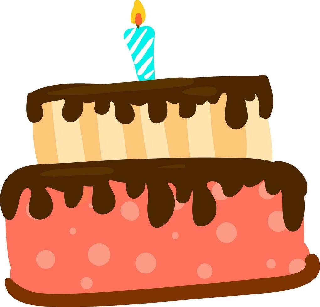 uma lindo dois níveis Rosa bolo com chocolate gotejamento e uma solteiro brilhando vela para a aniversário festa vetor cor desenhando ou ilustração