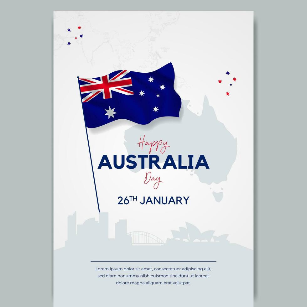 feliz Austrália dia Dia 26 janeiro poster com bandeira mapa ponto de referência ilustração vetor