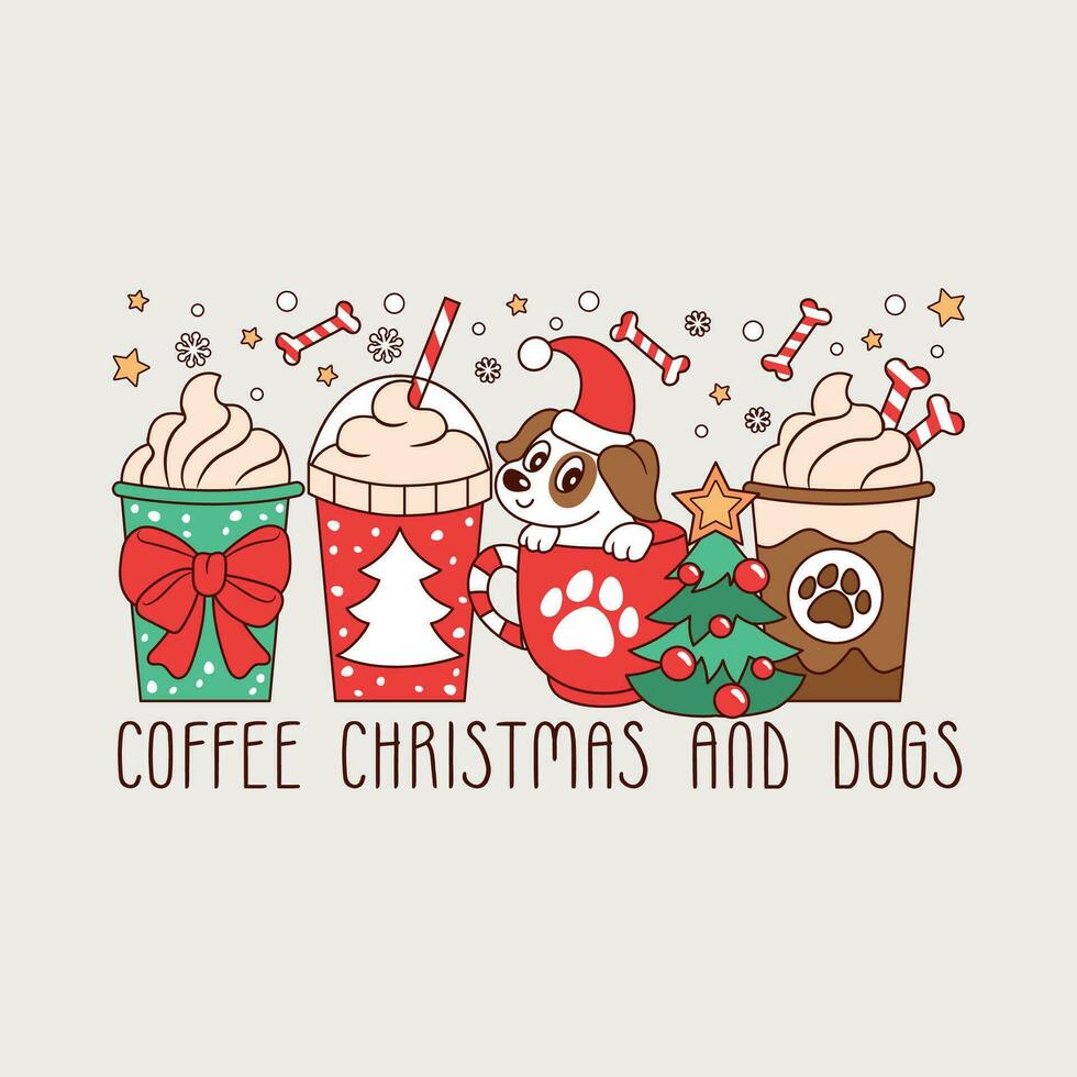 fofa cachorro com cafés para Natal, cachorrinho com Natal batidas, Natal cachorrinho com Natal batidas vetor