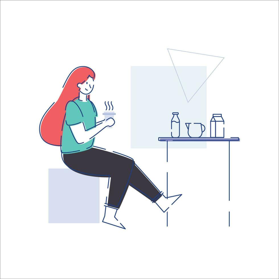 jovem mulher bebendo café às lar. vetor ilustração dentro plano estilo.