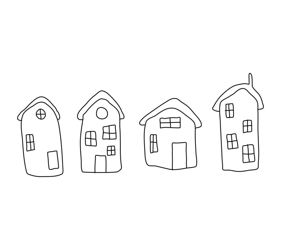 as casas são desenhadas à mão com contorno preto. um conjunto de ícones de casa. casas de vetor