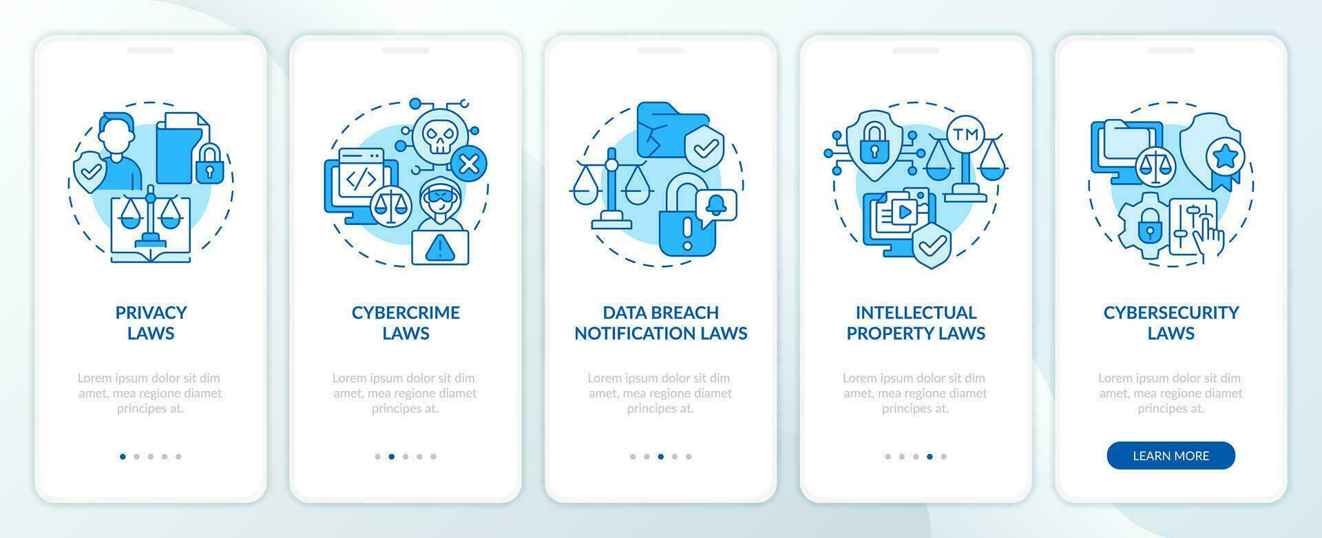 2d azul ícones representando cyber lei Móvel aplicativo tela definir. passo a passo 5 passos monocromático gráfico instruções com fino linha ícones conceito, interface do usuário, ux, gui modelo. vetor