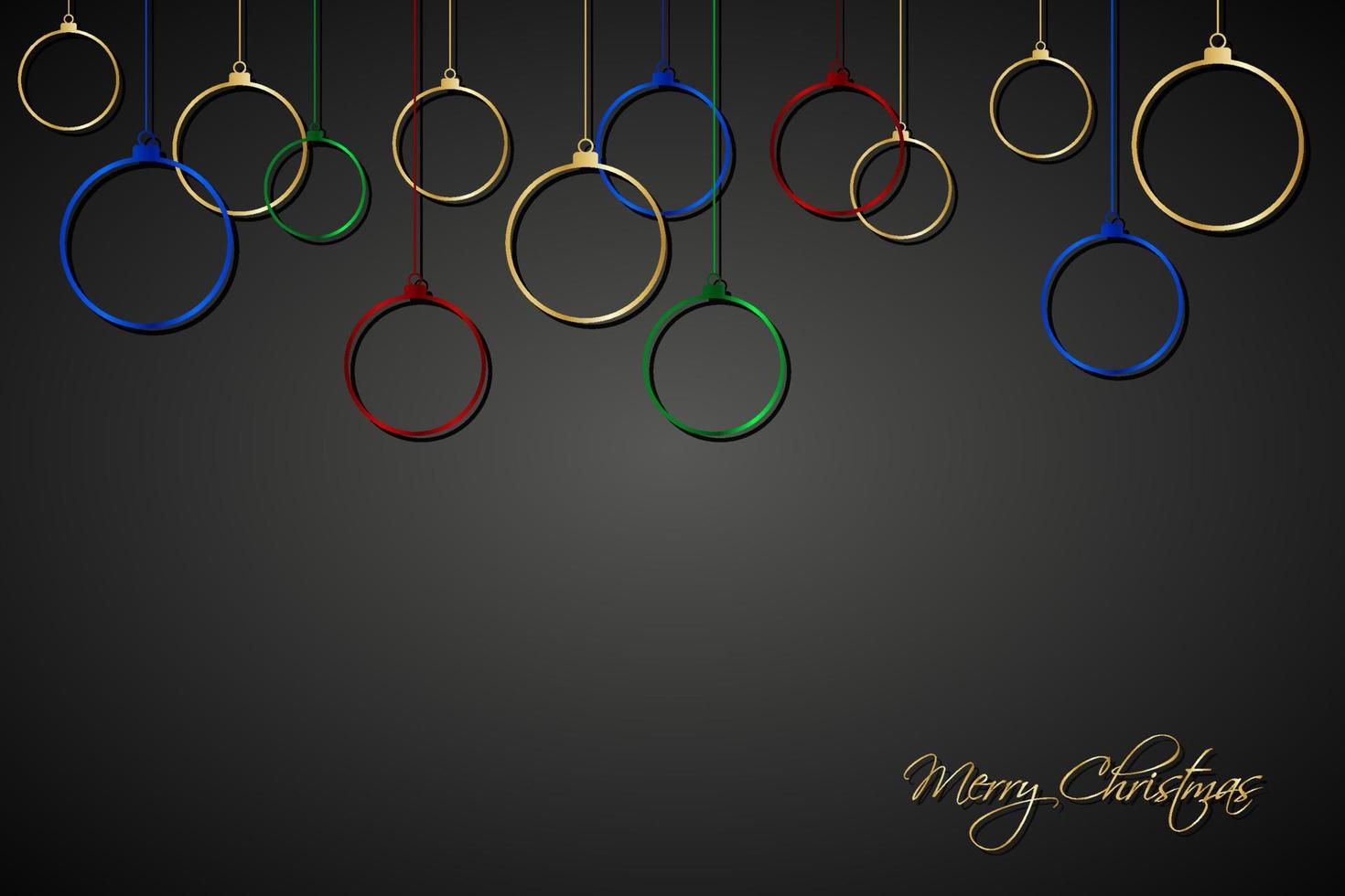 bolas de Natal vermelhas, azuis, verdes e douradas com cordas em fundo preto. cartão de férias com sinal de feliz Natal. ilustração vetorial de feliz ano novo vetor
