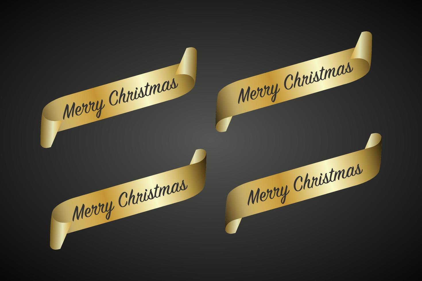 conjunto de quatro fitas de papel ondulado de ouro e inscrição de feliz natal em um fundo preto, ilustração vetorial de banner de férias vetor