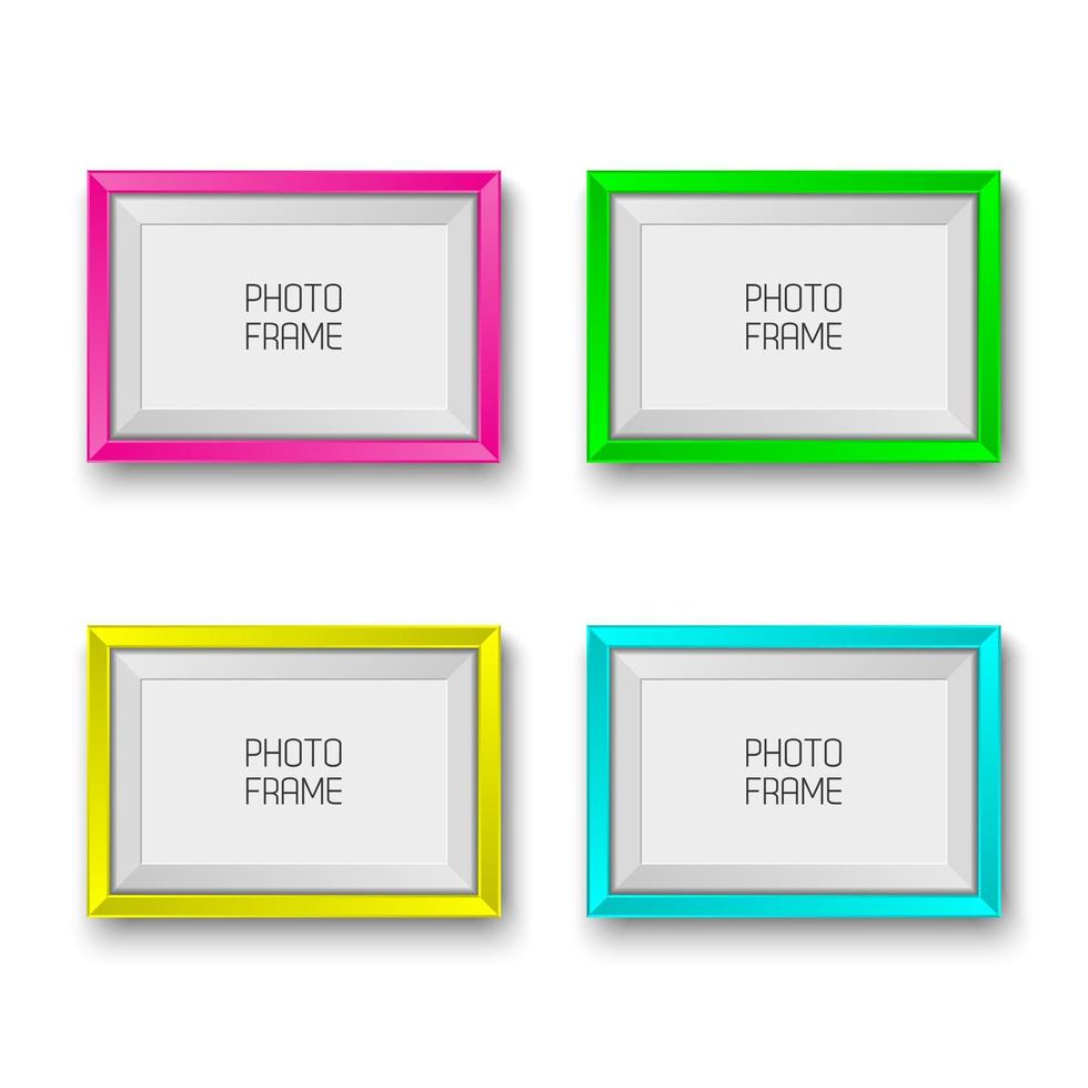 Molduras para fotos realistas em cores neon isoladas no fundo branco com espaço em branco para suas fotos, molduras para fotos em rosa, verde, amarelo e ciano vetor