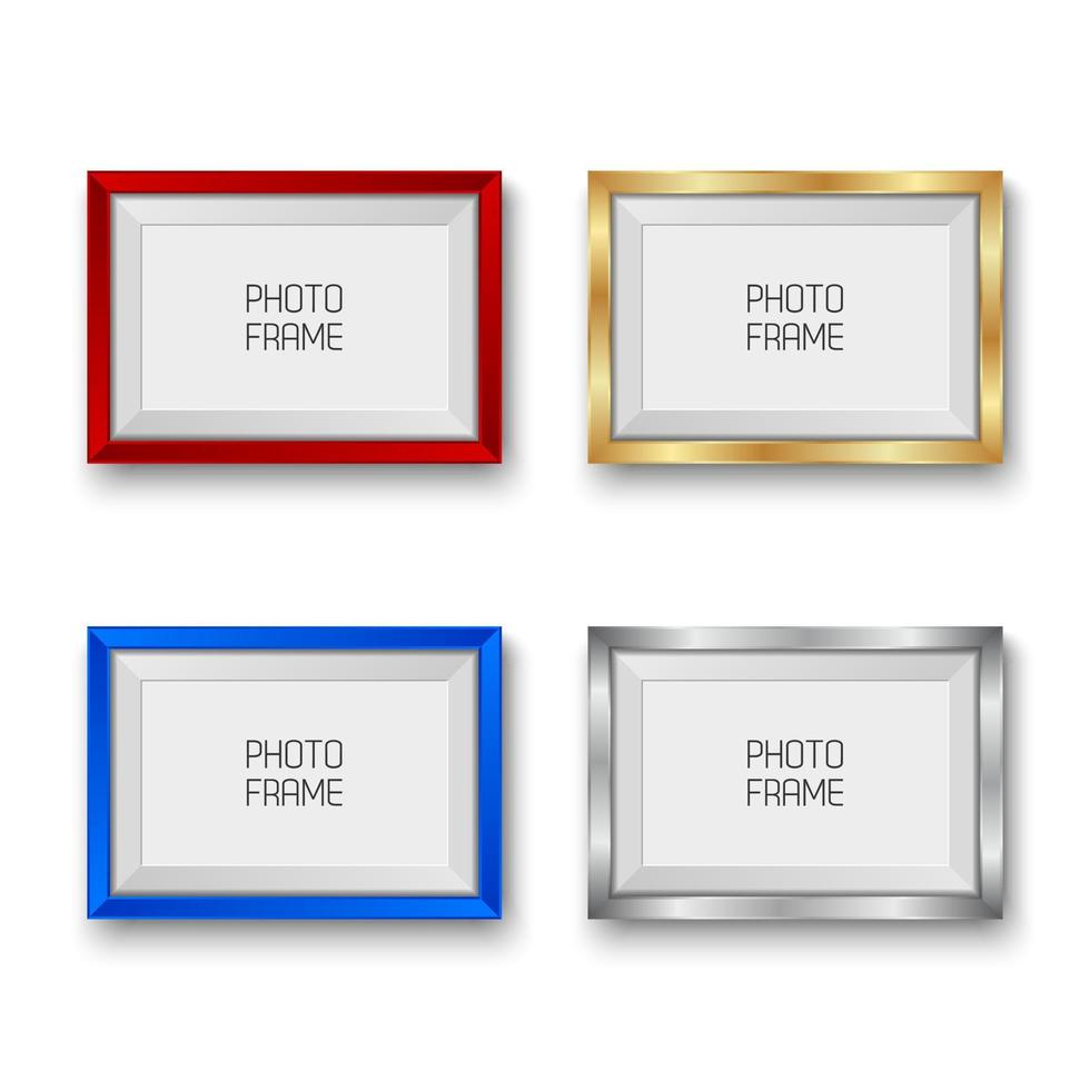 Molduras para fotos vetoriais realistas de ouro, prata, vermelho e azul isoladas no fundo branco com espaço em branco para a sua foto vetor