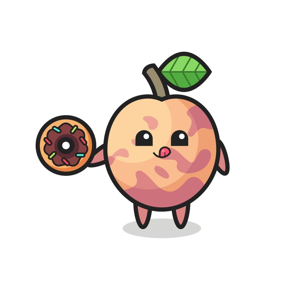 ilustração de um personagem de fruta pluot comendo uma rosquinha vetor