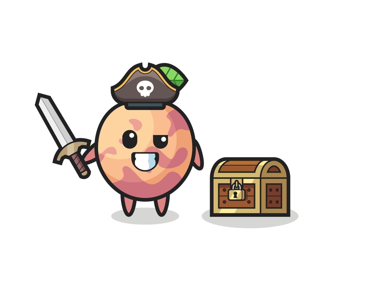 o personagem pirata de frutas pluot segurando uma espada ao lado de uma caixa de tesouro vetor