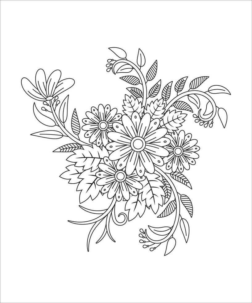 flores de doodle preto e branco. desenho e contorno de flor mehendi vetor