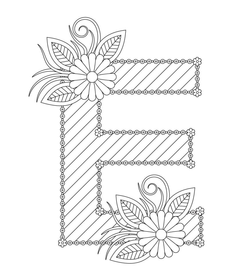 página para colorir de alfabeto com estilo floral. página para colorir abc - letra e vetor