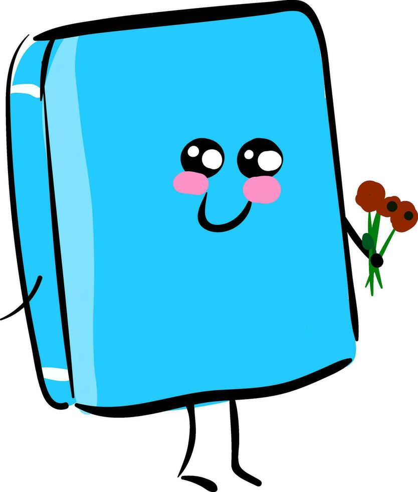 emoji do uma feliz azul livro segurando vermelho flores vetor ou cor ilustração