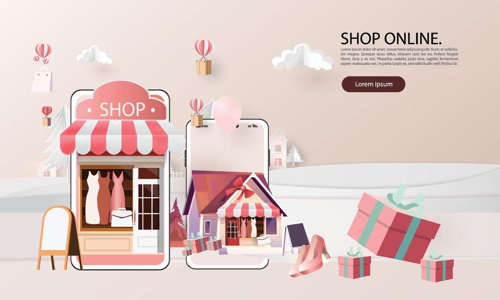 papel arte compras on-line no smartphone e novo comprar venda promoção rosa backgroud para o conceito de mulheres de comércio eletrônico de mercado de banner. vetor