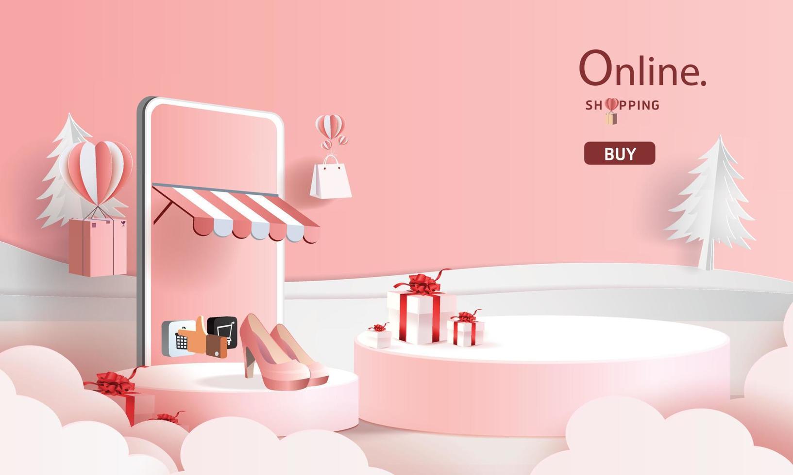 compras on-line no telefone com vetor de ilustração de caixa de presentes de fundo rosa moderno papel arte pódio.