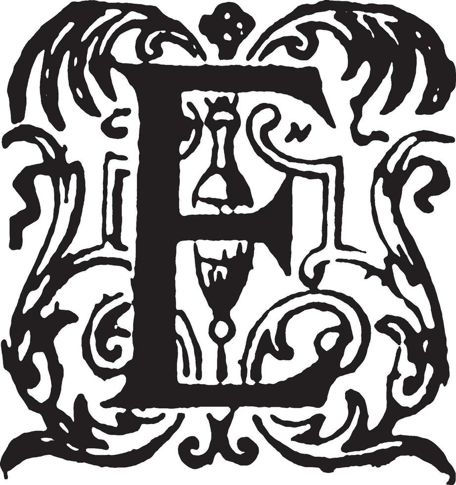 e, inicial ornamentada, ilustração vintage vetor