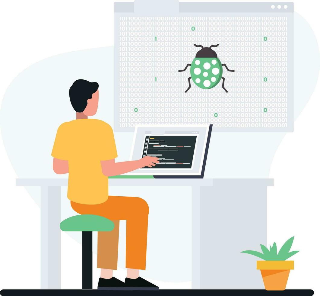 homem depuração com computador portátil vetor