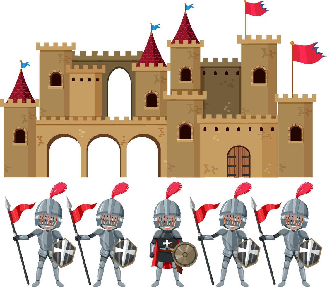 conjunto de cavaleiros e castelo da era medieval vetor