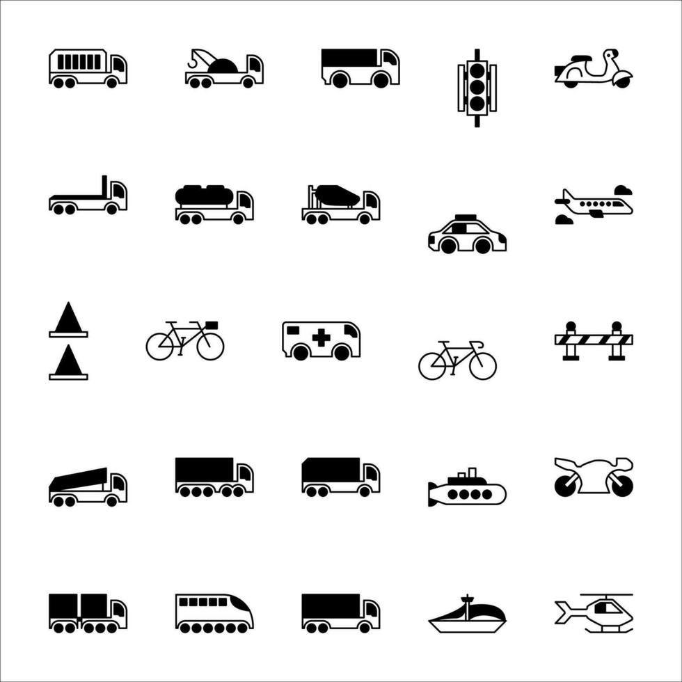 transporte ícone definir. preenchidas Preto ícone estilo coleção. contendo caminhão, bicicleta, carro e helicóptero ícones. vetor