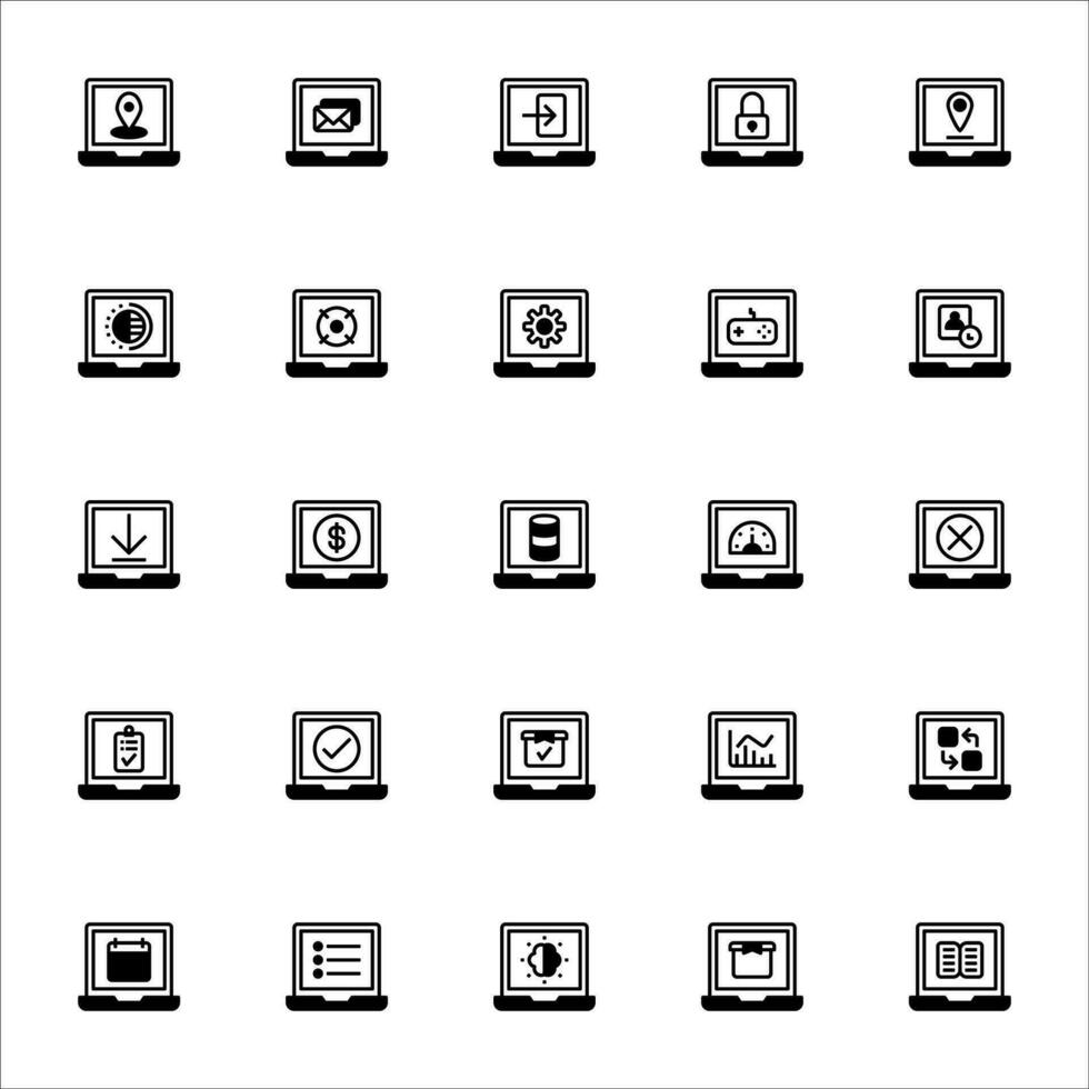aplicativo computador portátil ícone definir. preenchidas Preto ícone estilo coleção. contendo ícones. vetor
