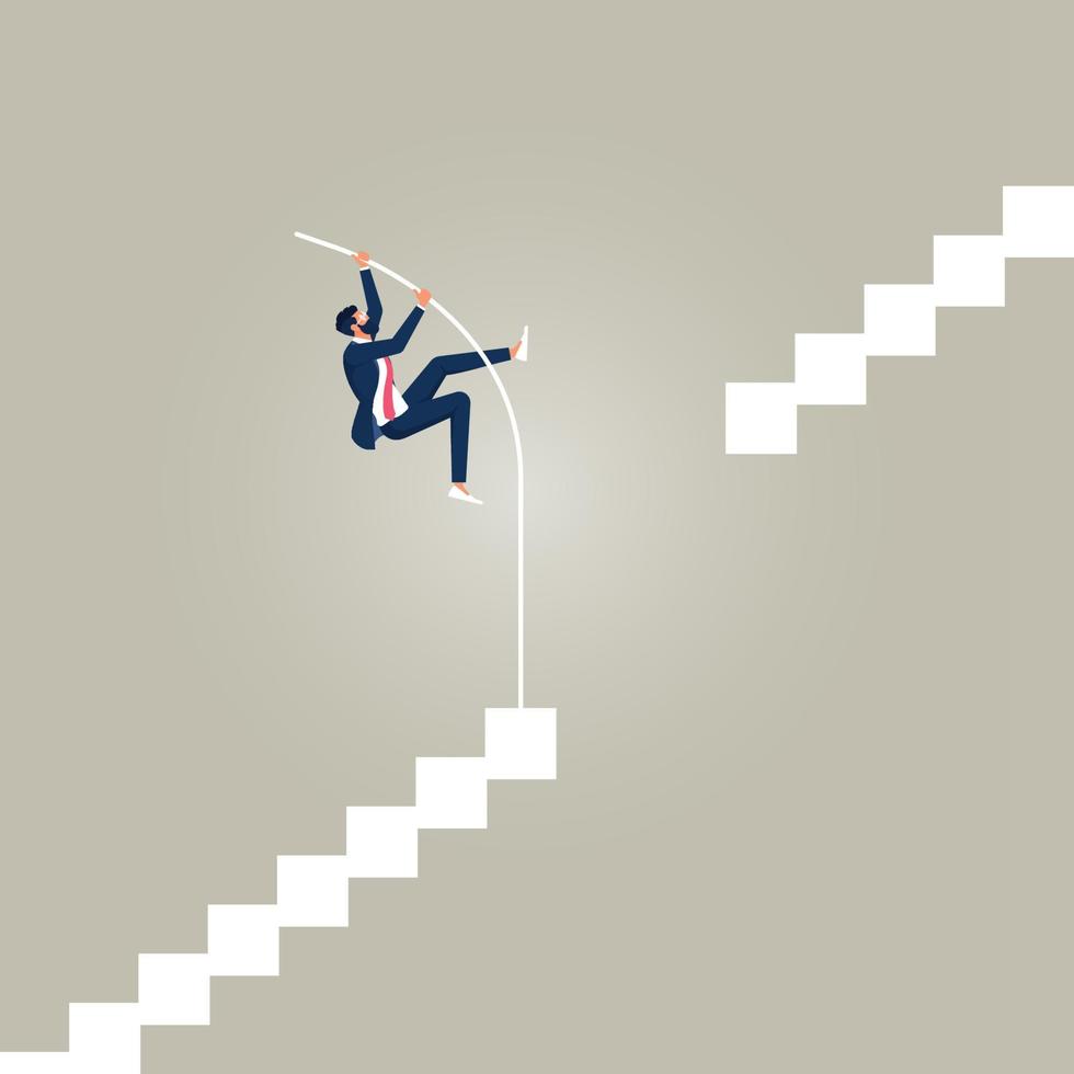 empresário fazendo salto com vara para o sucesso, seguir em frente apesar das barreiras ou limites, o caminho a seguir e o conceito de superação de obstáculos vetor