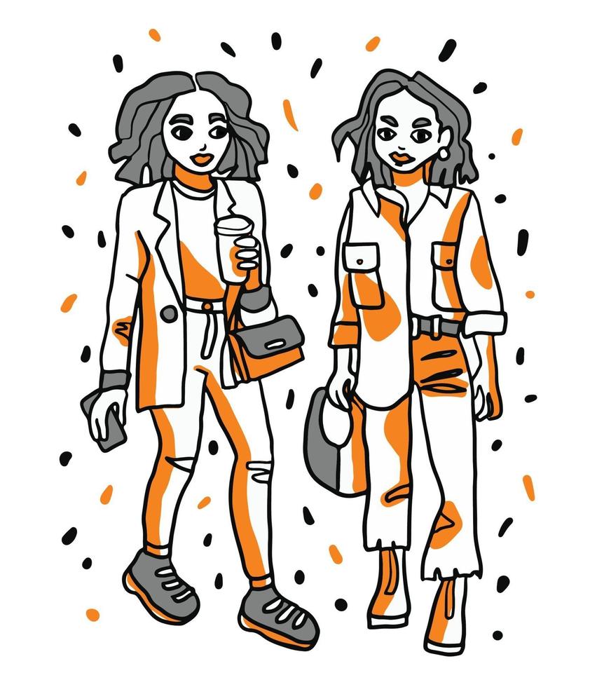 ilustração desenhada à mão de duas meninas vestidas em estilo casual vetor