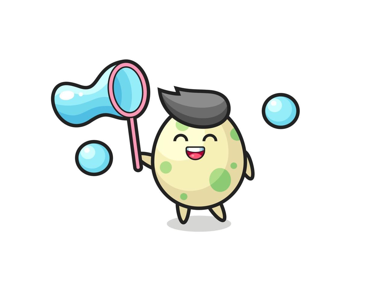desenho animado do ovo manchado feliz jogando bolha de sabão vetor