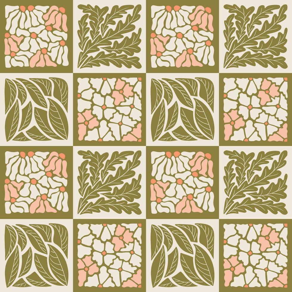 geométrico floral retro vintage desatado padronizar. mão desenhado plano abstrato flores e folhas dentro quadrado formas . na moda impressão Projeto dentro vintage cores para têxtil, papel de parede, interior decoração vetor