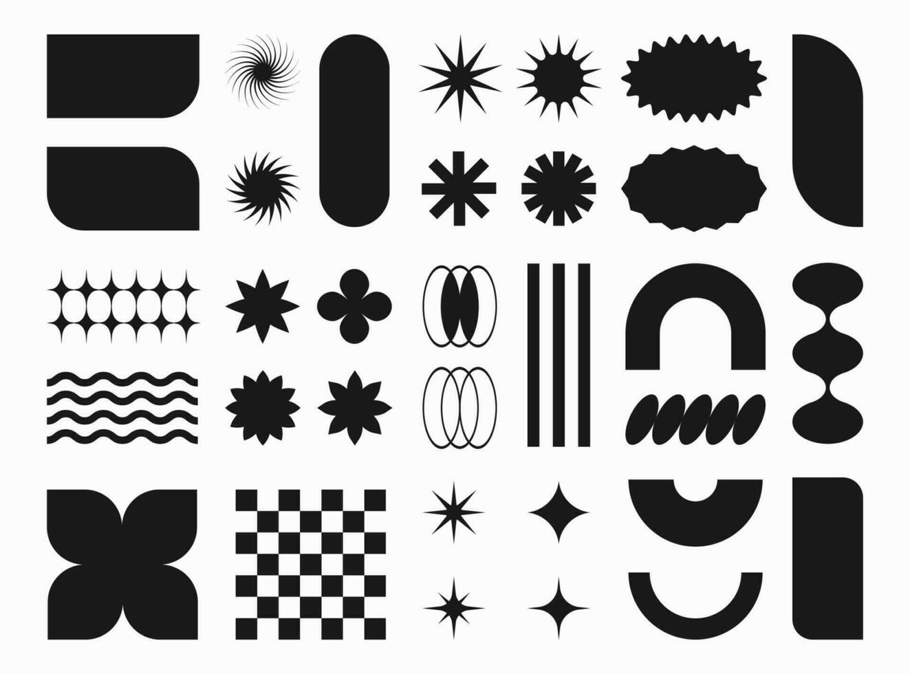 abstact ano 2000 formas, retro geométrico figuras e formulários, adesivos e Distintivos, estrelas, ondulado linhas. vetor ilustração, conjunto do decorativo Projeto elementos.