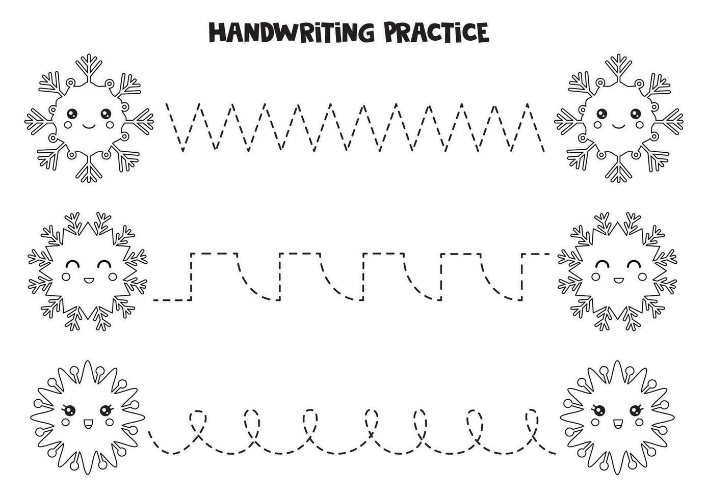 rastreamento linhas para crianças. desenho animado Preto e branco flocos de neve. escrevendo prática. vetor